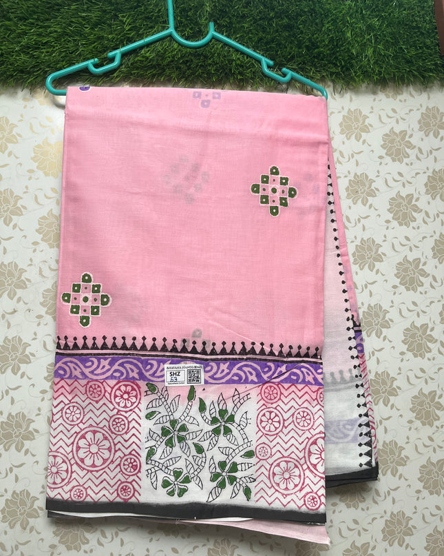 Vasundhara 120count Printed Cotton Saree with Pastel Pink colour