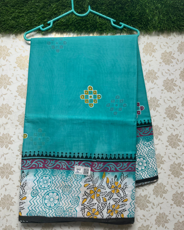 Vasundhara 120count Printed Cotton Saree with Pastel Sea blue colour