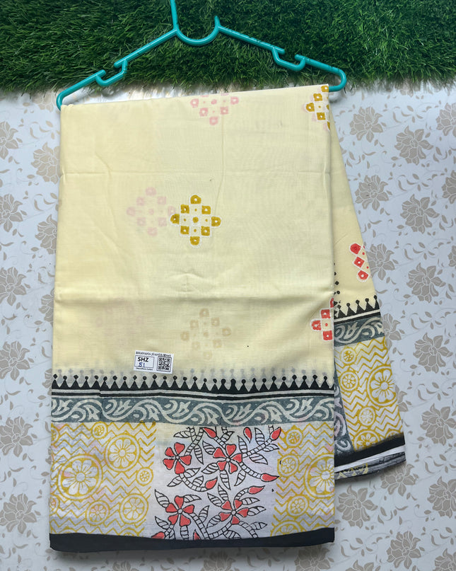 Vasundhara 120count Printed Cotton Saree with Light Yellow colour
