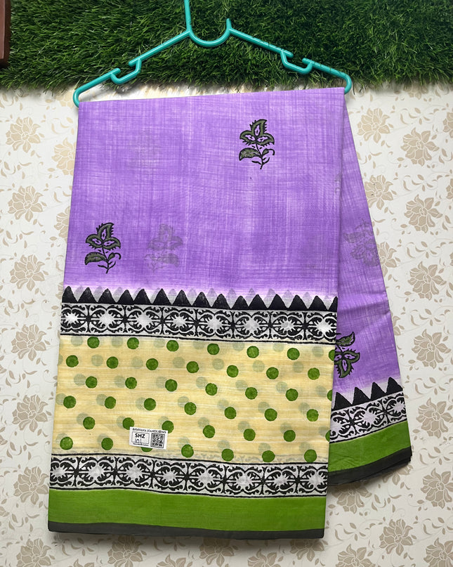 Vasundhara 120count Printed Cotton Saree with Brinjal colour