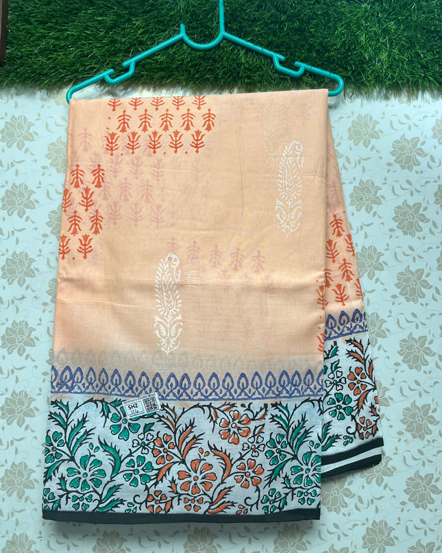 Vasundhara 120count Printed Cotton Saree with Light Orange colour