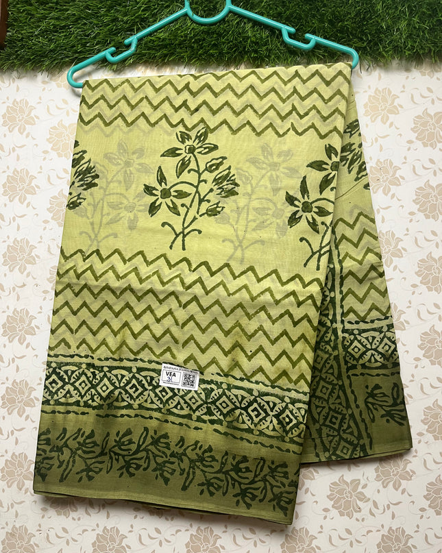 Vasundhara 100count Printed Cotton Saree with Light Pesara Green colour