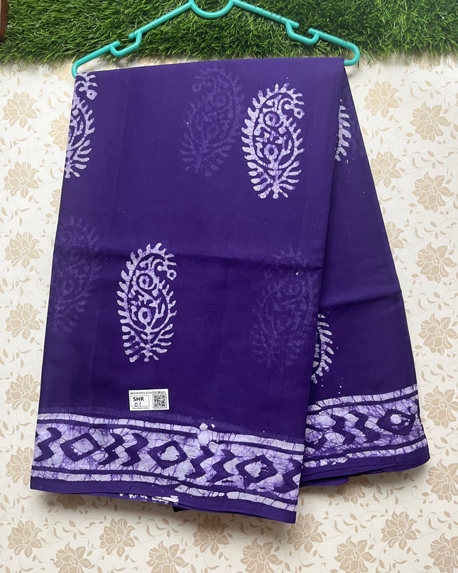 Vasundhara 120count Printed Cotton Saree with Brinjal colour