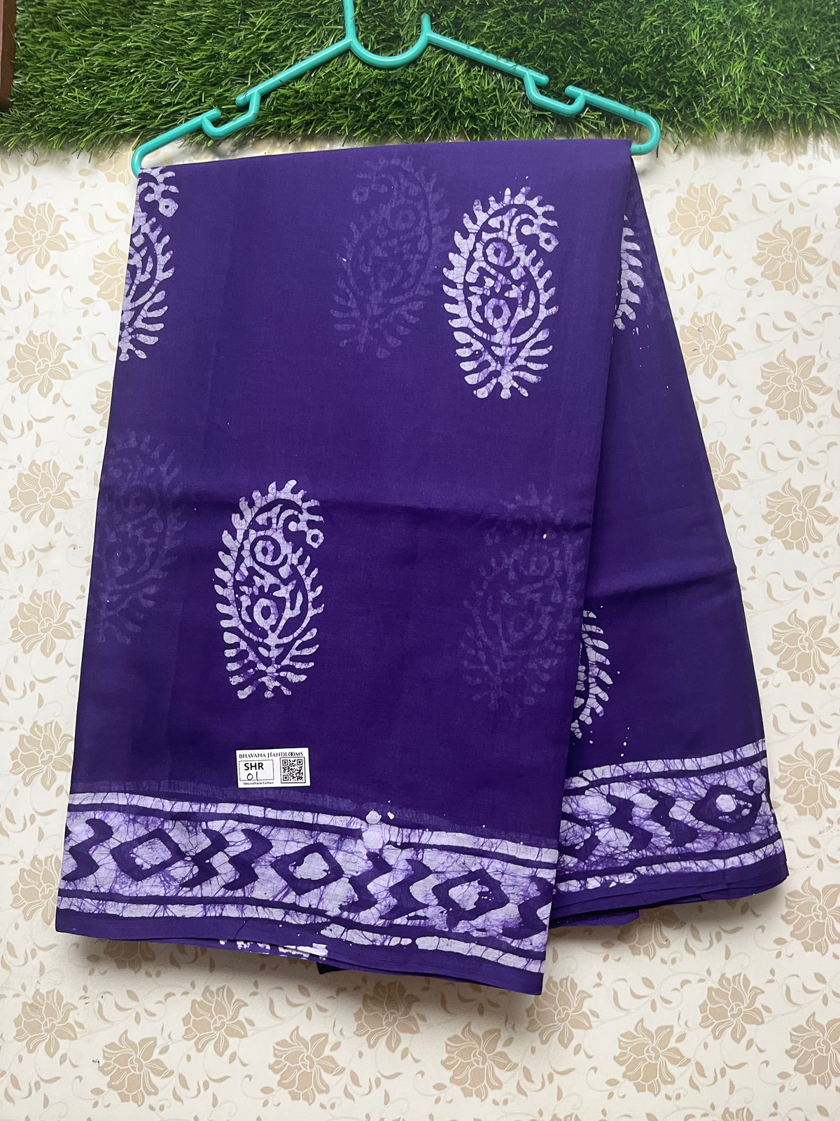 Vasundhara 120count Printed Cotton Saree with Brinjal colour