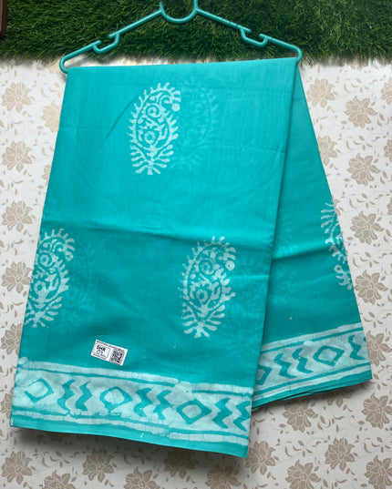 Vasundhara 120count Printed Cotton Saree with Cyan colour
