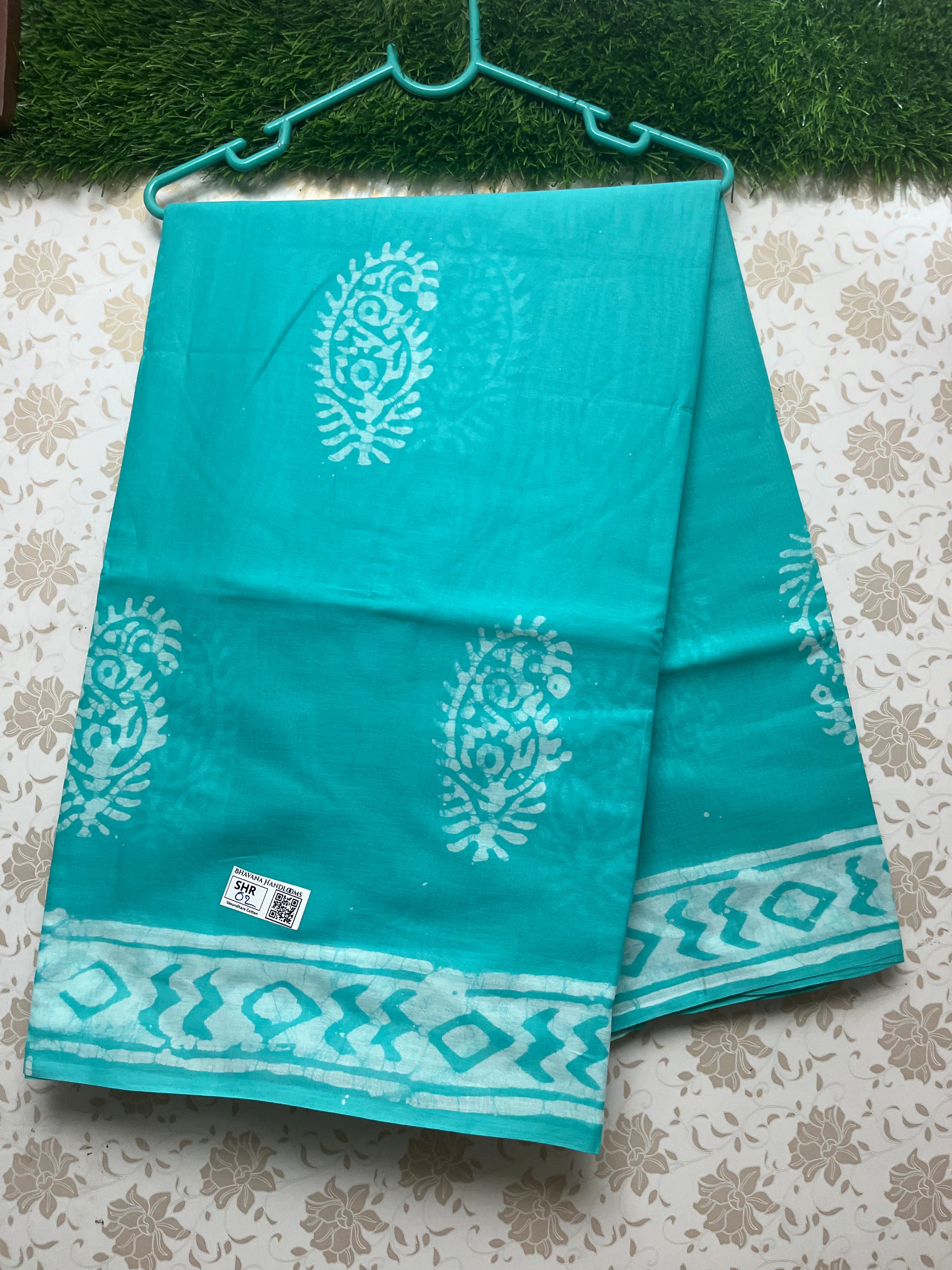 Vasundhara 120count Printed Cotton Saree with Cyan colour