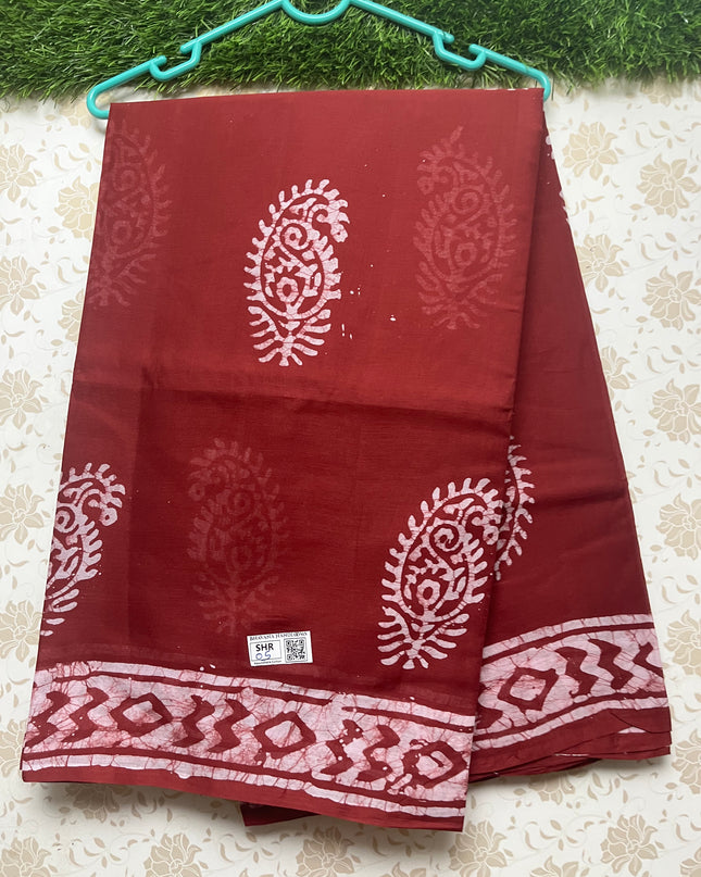 Vasundhara 120count Printed Cotton Saree with Dark Maroon colour