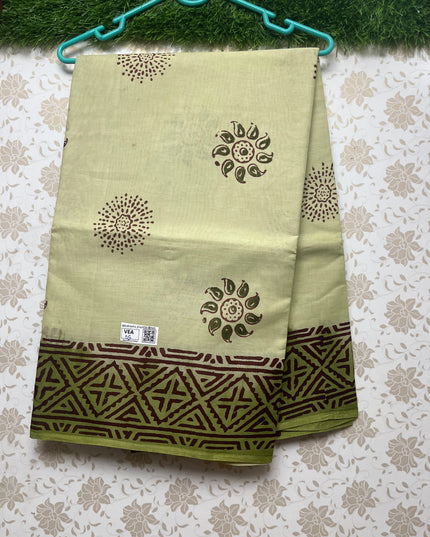 Vasundhara 100count Printed Cotton Saree with Light Pesara Green colour