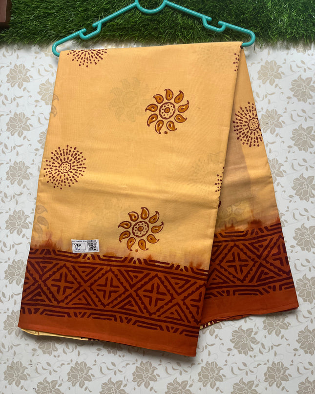 Vasundhara 100count Printed Cotton Saree with Orange colour