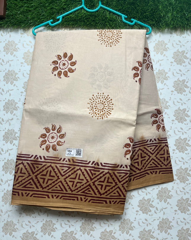 Vasundhara 100count Printed Cotton Saree with Peach colour
