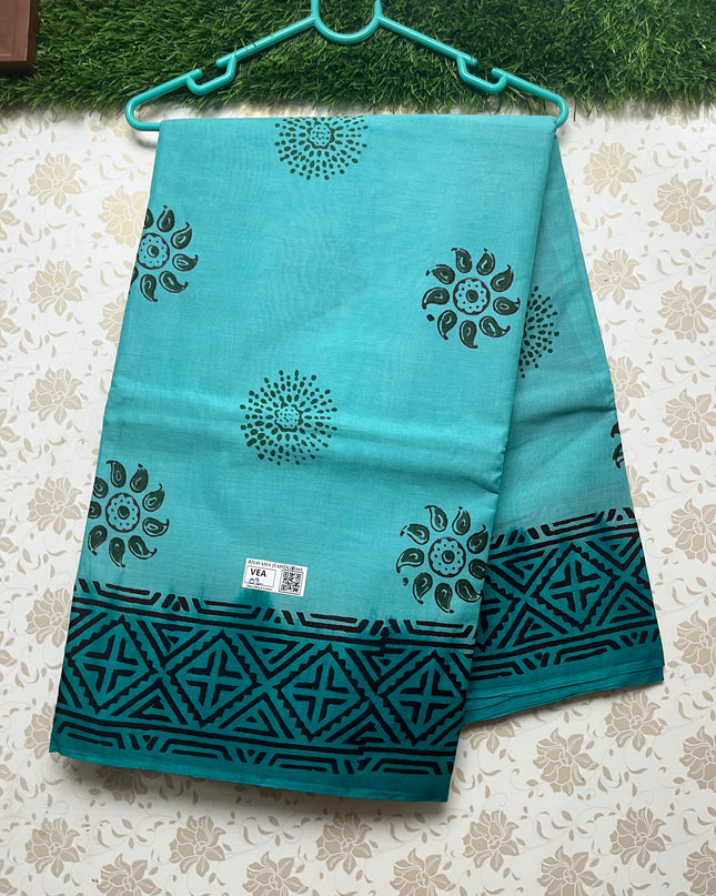 Vasundhara 100count Printed Cotton Saree with Greenish Blue colour