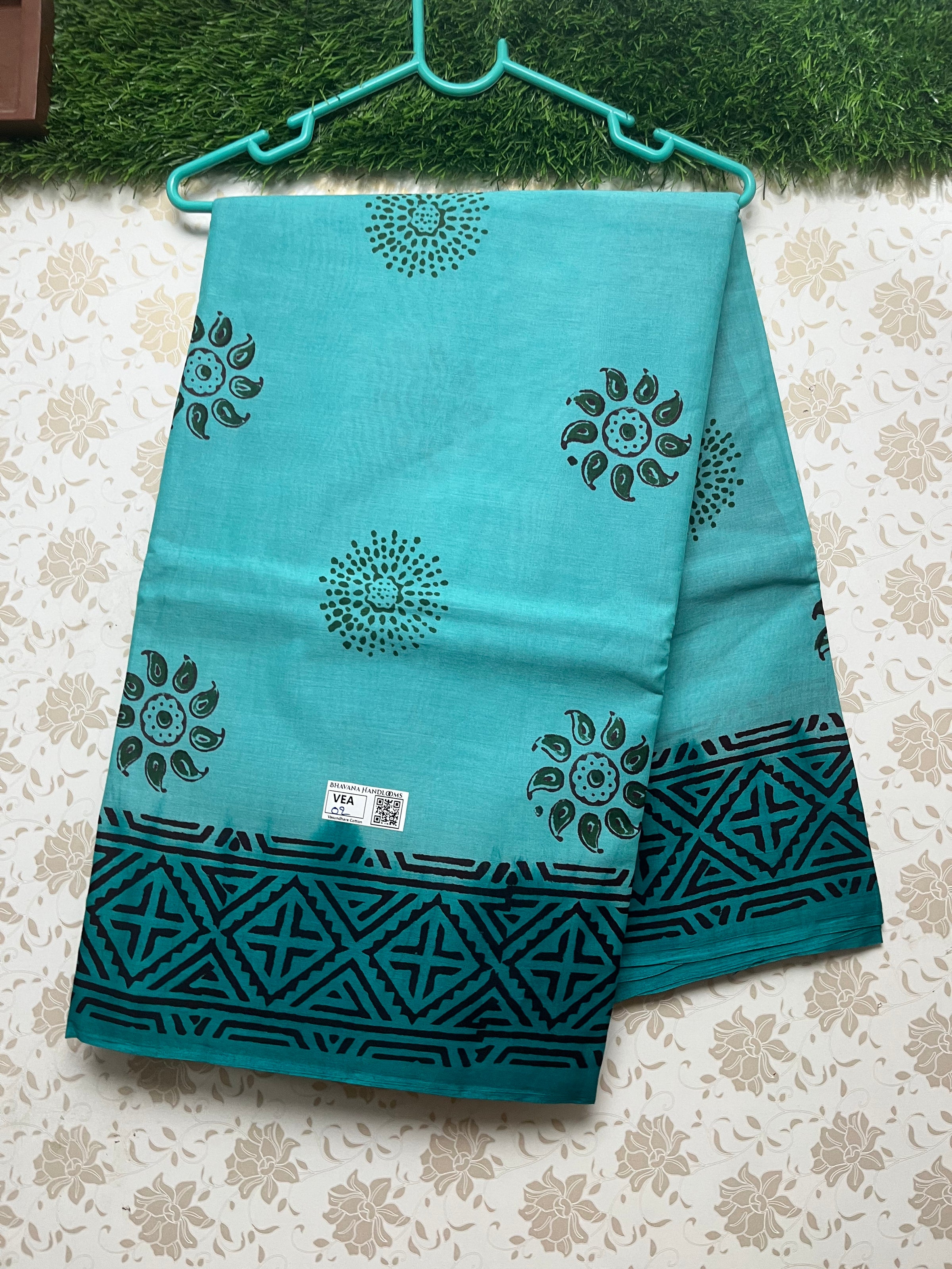 Vasundhara 100count Printed Cotton Saree with Greenish Blue colour