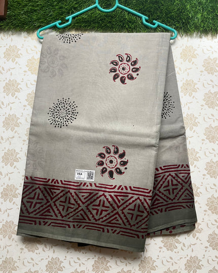 Vasundhara 100count Printed Cotton Saree with Gray colour