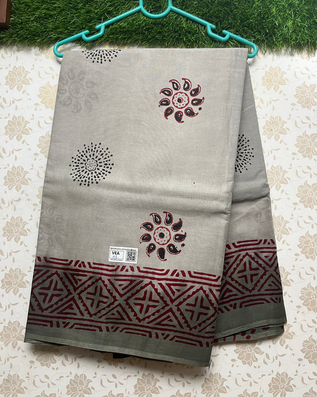 Vasundhara 100count Printed Cotton Saree with Gray colour