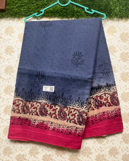 Vasundhara 120count Printed Cotton Saree with Dark Gray colour