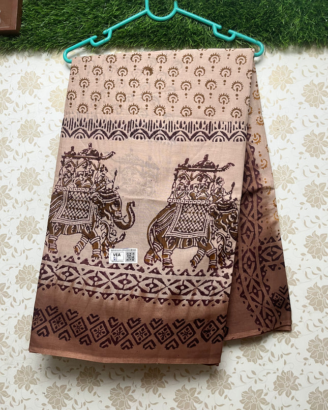 Vasundhara 100count Printed Cotton Saree with Biscuit colour
