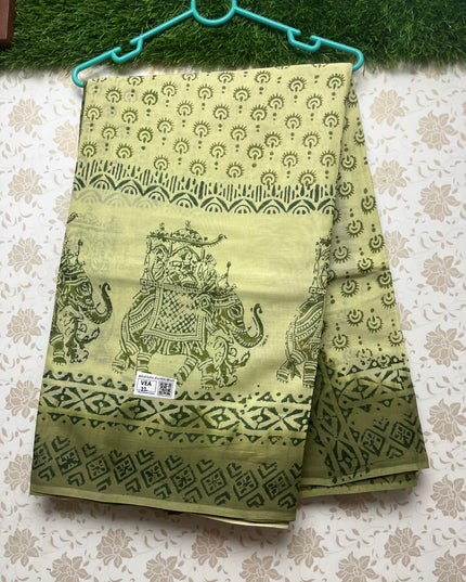 Vasundhara 100count Printed Cotton Saree with Light Pesara Green colour