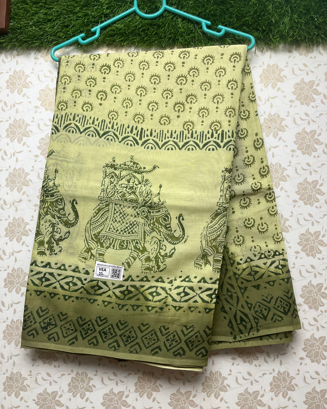 Vasundhara 100count Printed Cotton Saree with Light Pesara Green colour