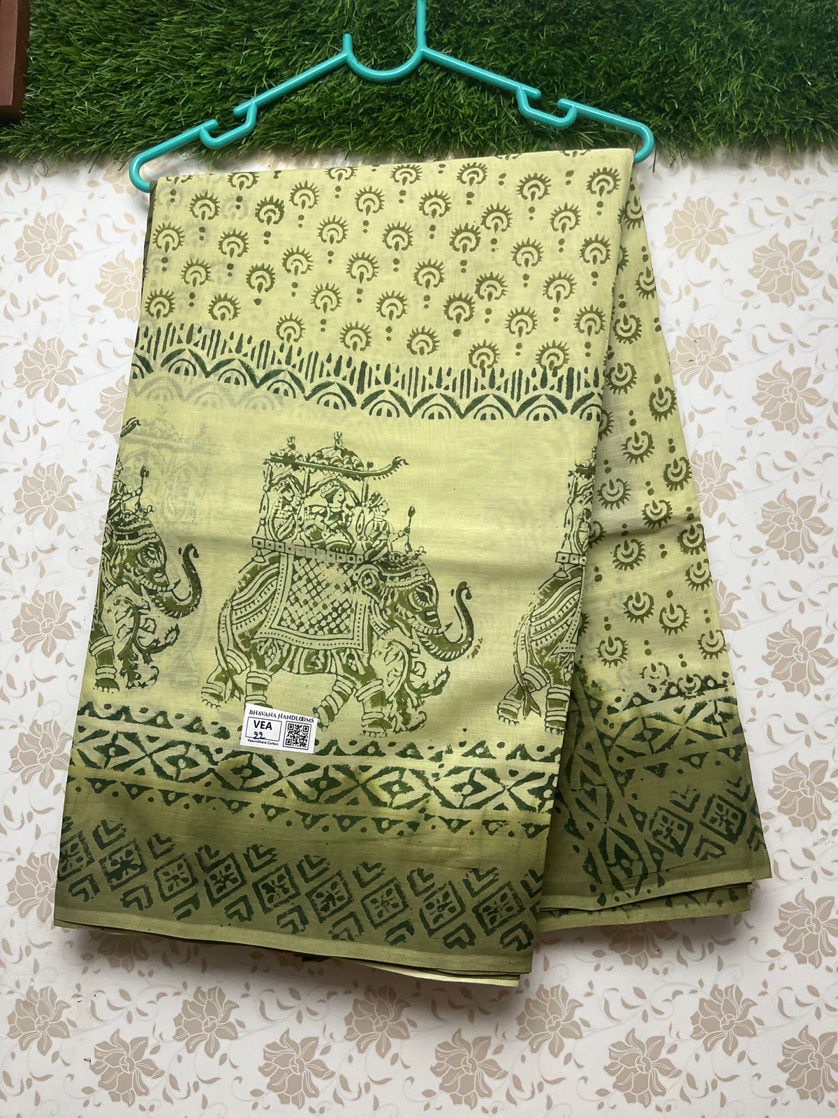Vasundhara 100count Printed Cotton Saree with Light Pesara Green colour