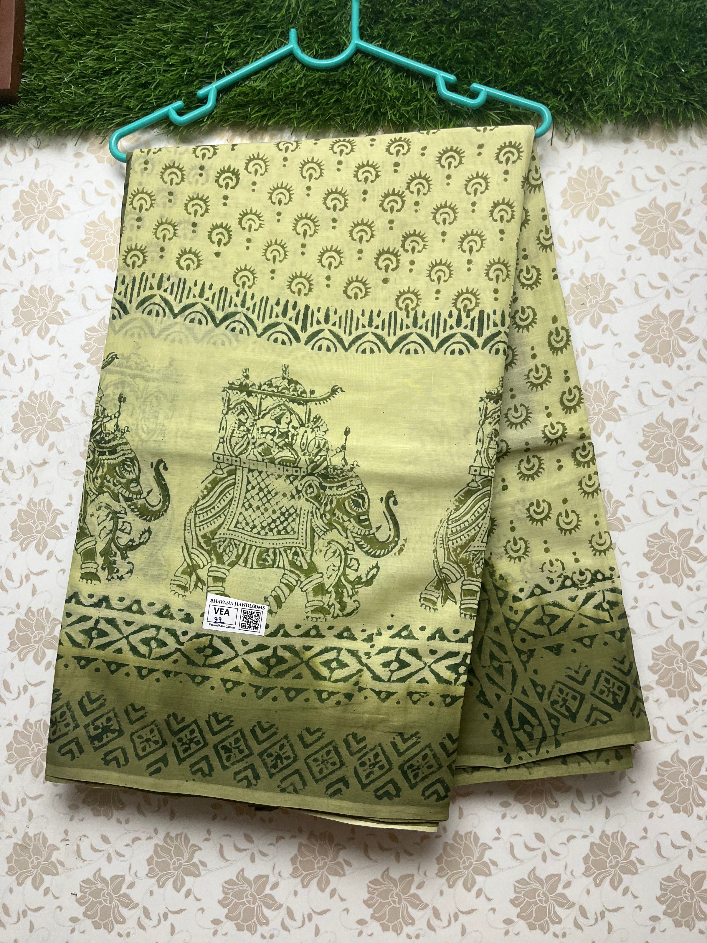 Vasundhara 100count Printed Cotton Saree with Light Pesara Green colour