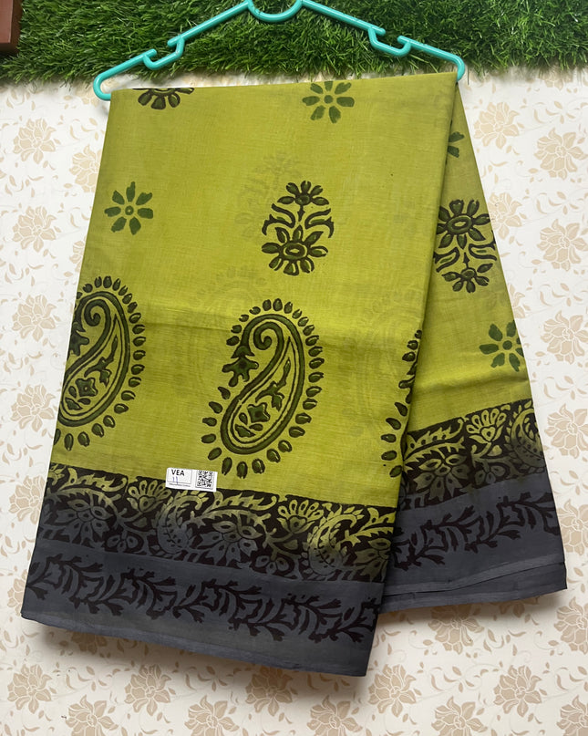 Vasundhara 100count Printed Cotton Saree with Green colour