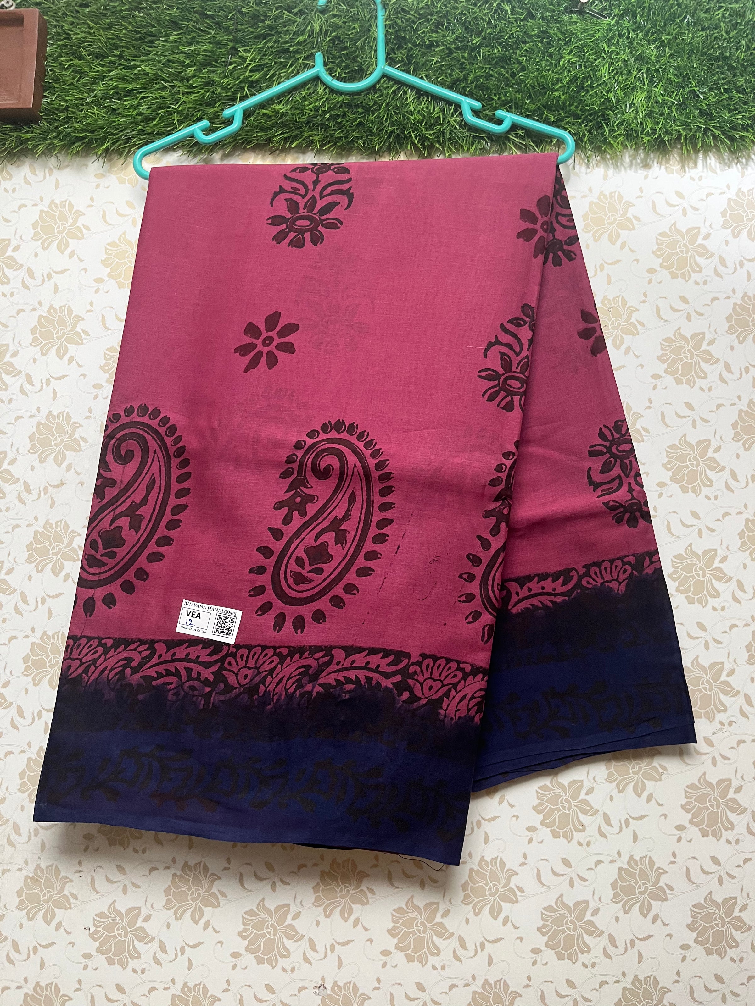 Vasundhara 100count Printed Cotton Saree with Pink colour