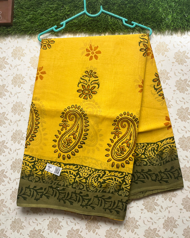 Vasundhara 100count Printed Cotton Saree with Yellow colour