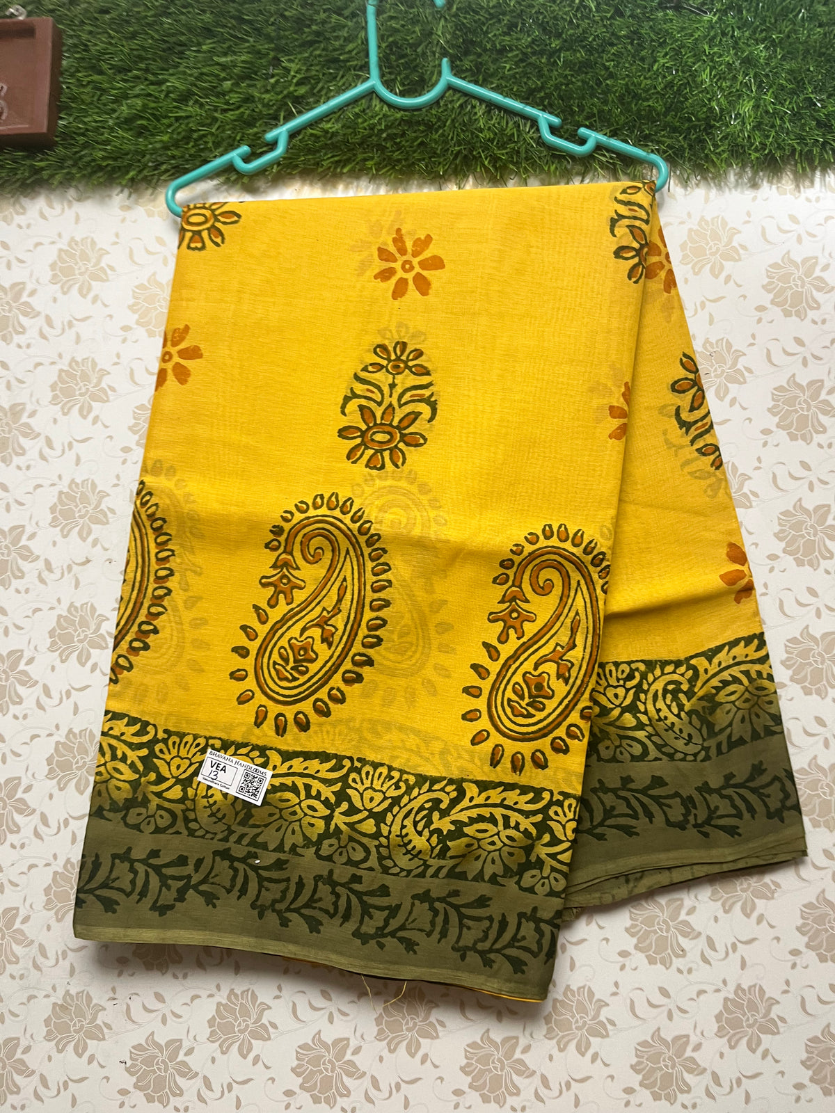 Vasundhara 100count Printed Cotton Saree with Yellow colour