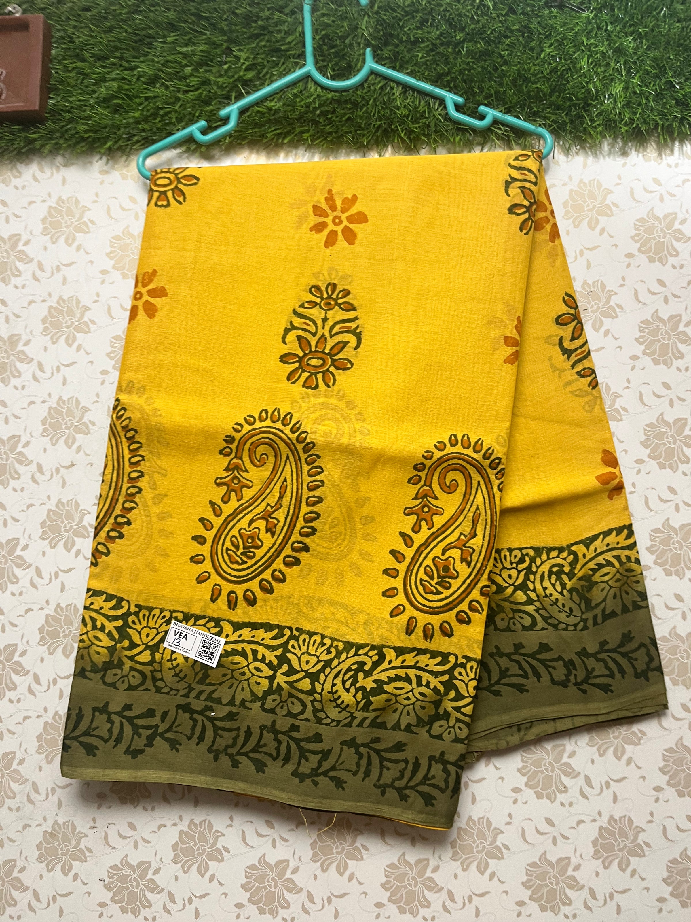 Vasundhara 100count Printed Cotton Saree with Yellow colour