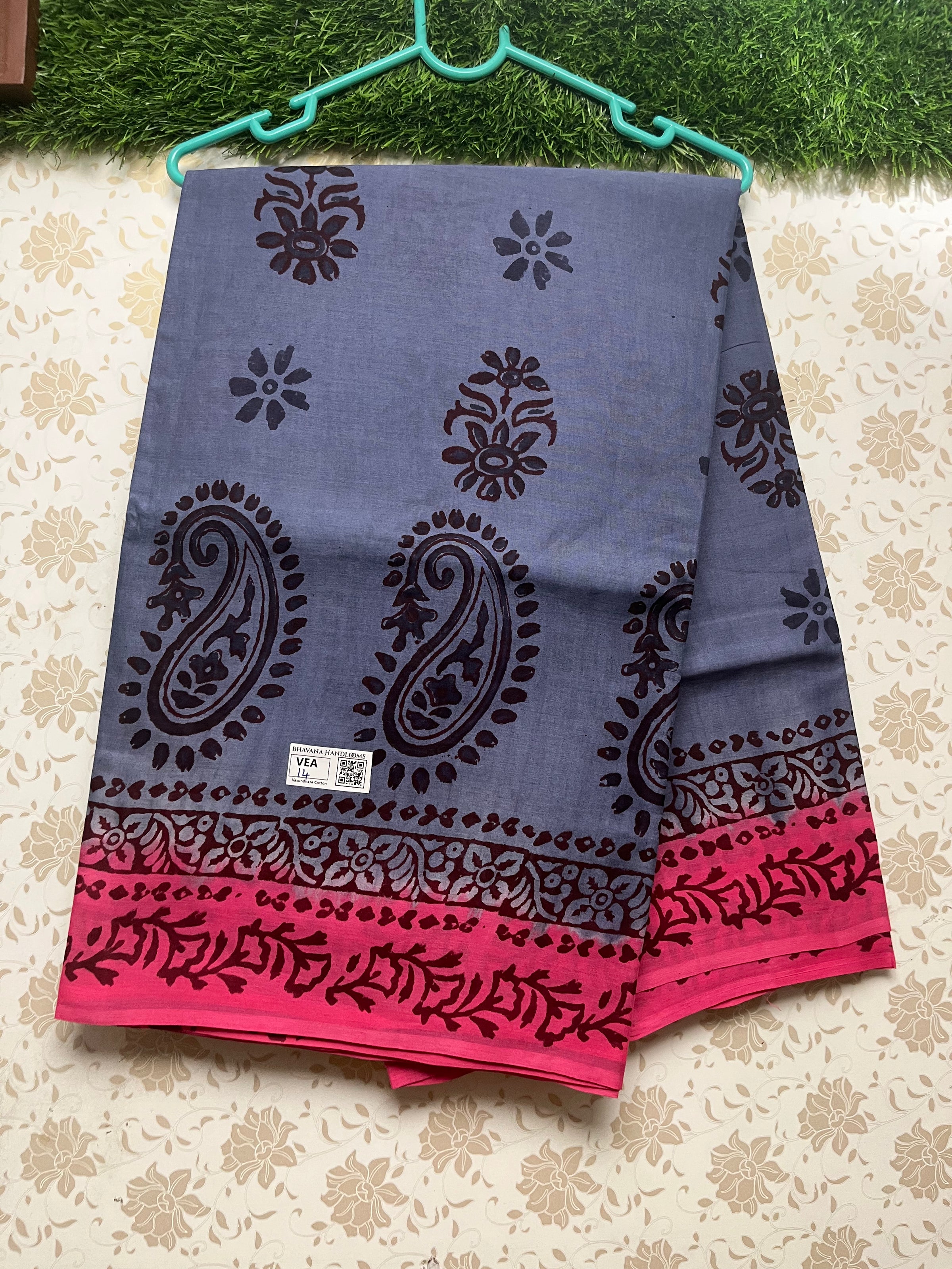 Vasundhara 100count Printed Cotton Saree with Dark Blue colour