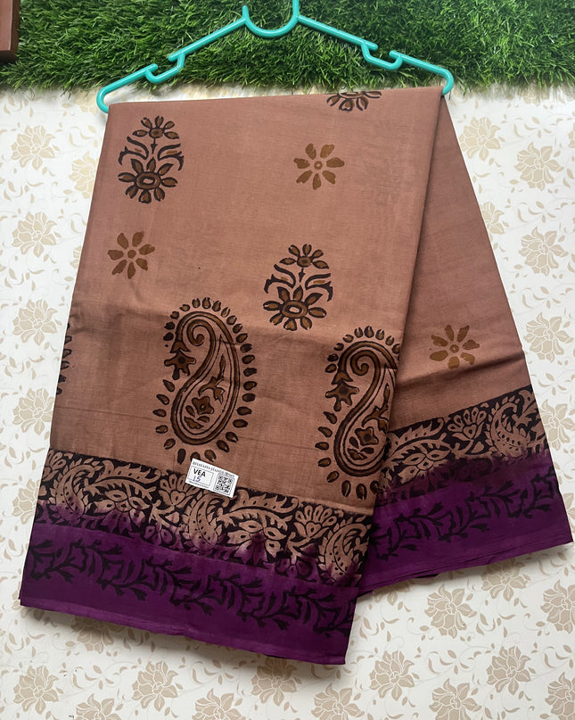 Vasundhara 100count Printed Cotton Saree with Dark Brown colour