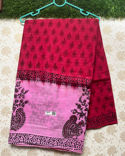 Vasundhara 120count Printed Cotton Saree with Dark Pink colour