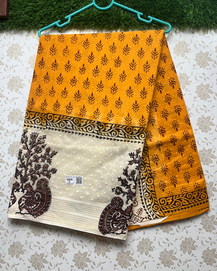 Vasundhara 120count Printed Cotton Saree with Yellow colour