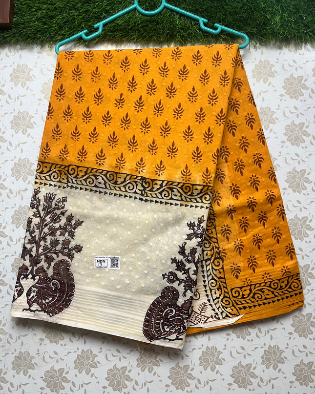 Vasundhara 120count Printed Cotton Saree with Yellow colour