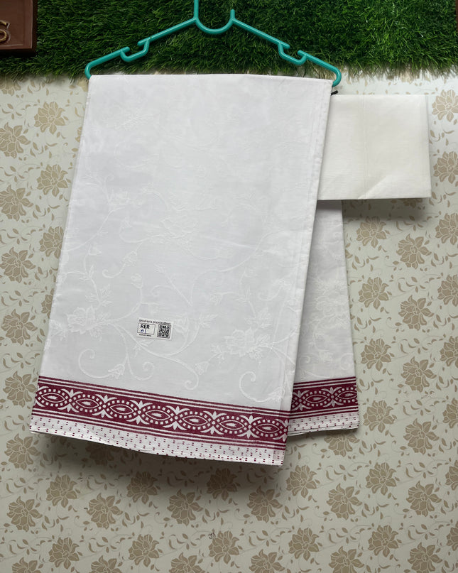 Printed Kashmiri White Cotton Saree with Dark Pink Colour