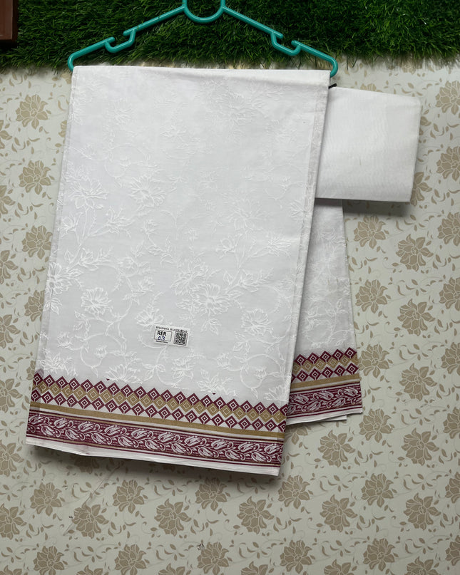 Printed Kashmiri White Cotton Saree with Dark Pink Colour