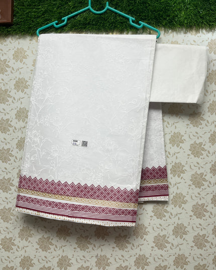Printed Kashmiri White Cotton Saree with Dark Pink Colour