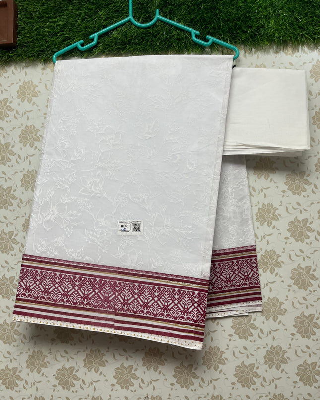 Printed Kashmiri White Cotton Saree with Dark Pink Colour