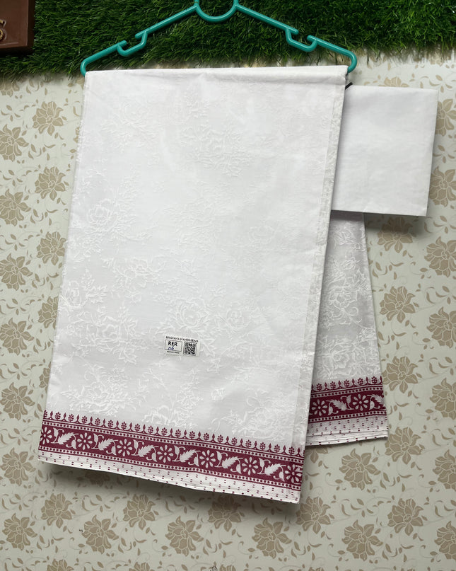 Printed Kashmiri White Cotton Saree with Dark Pink Colour
