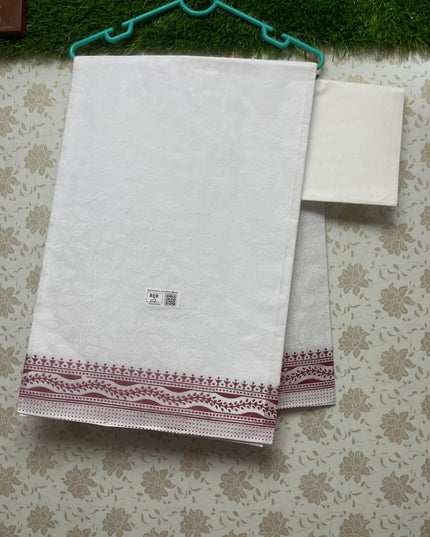 Printed Kashmiri White Cotton Saree with Dark Pink Colour
