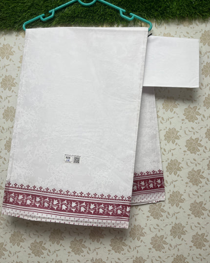 Printed Kashmiri White Cotton Saree with Dark Pink Colour
