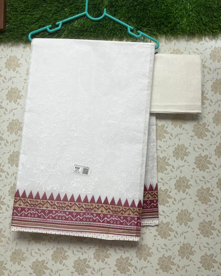 Printed Kashmiri White Cotton Saree with Dark Pink Colour