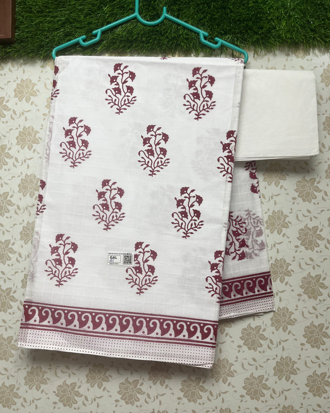 Printed Kashmiri White Cotton Saree with Dark Pink Colour