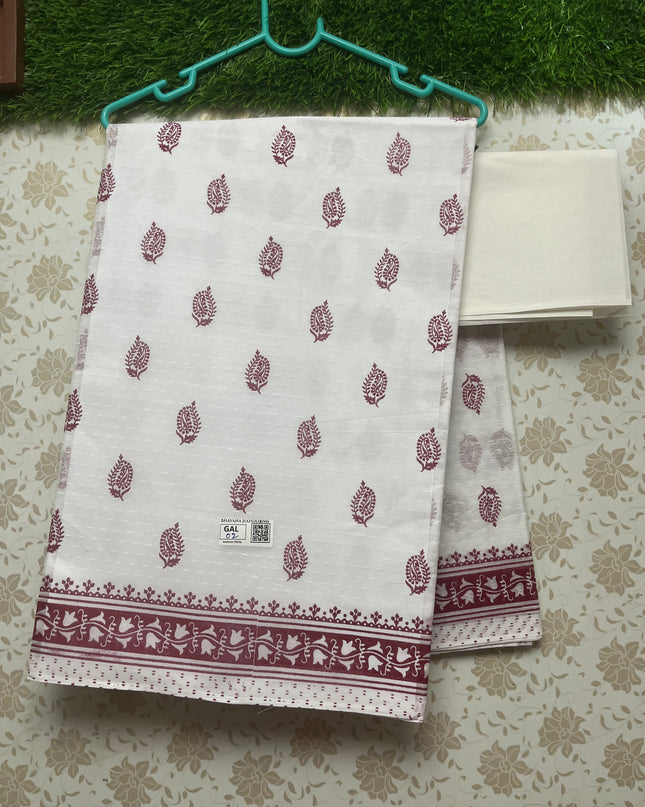 Printed Kashmiri White Cotton Saree with Dark Pink Colour
