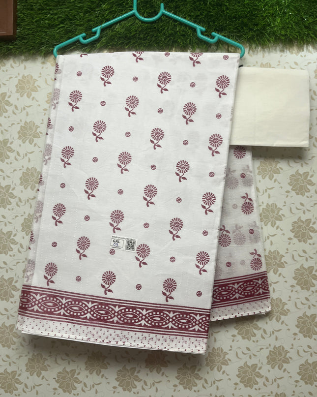 Printed Kashmiri White Cotton Saree with Dark Pink Colour