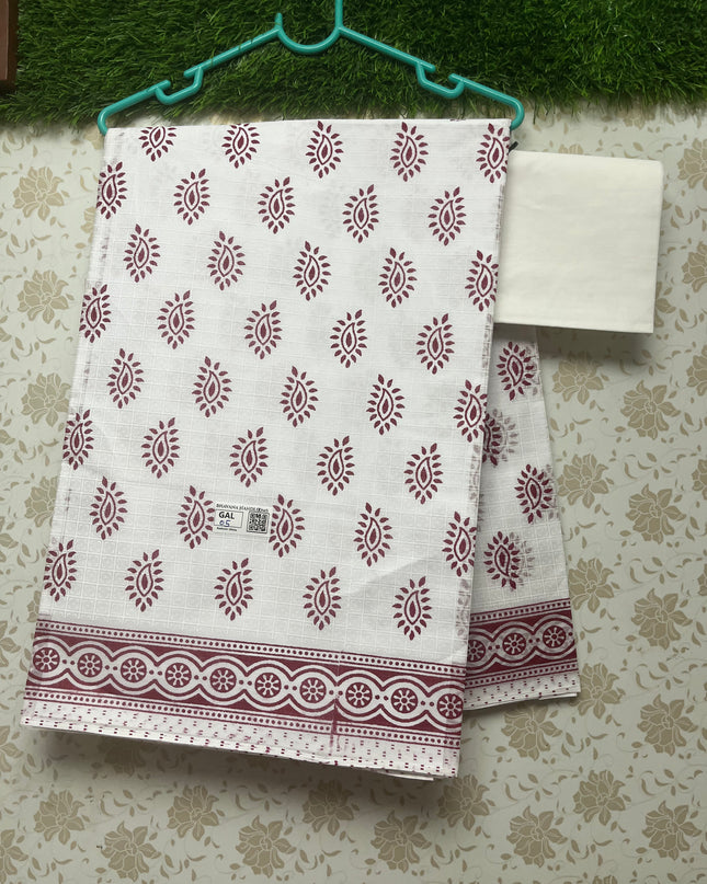 Printed Kashmiri White Cotton Saree with Dark Pink Colour