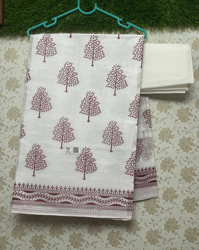 Printed Kashmiri White Cotton Saree with Dark Pink Colour