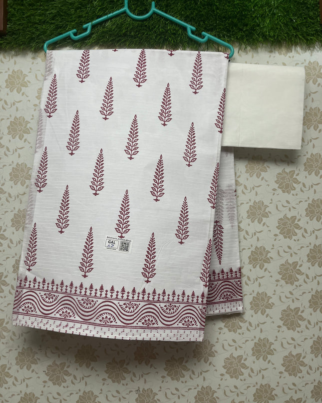 Printed Kashmiri White Cotton Saree with Dark Pink Colour
