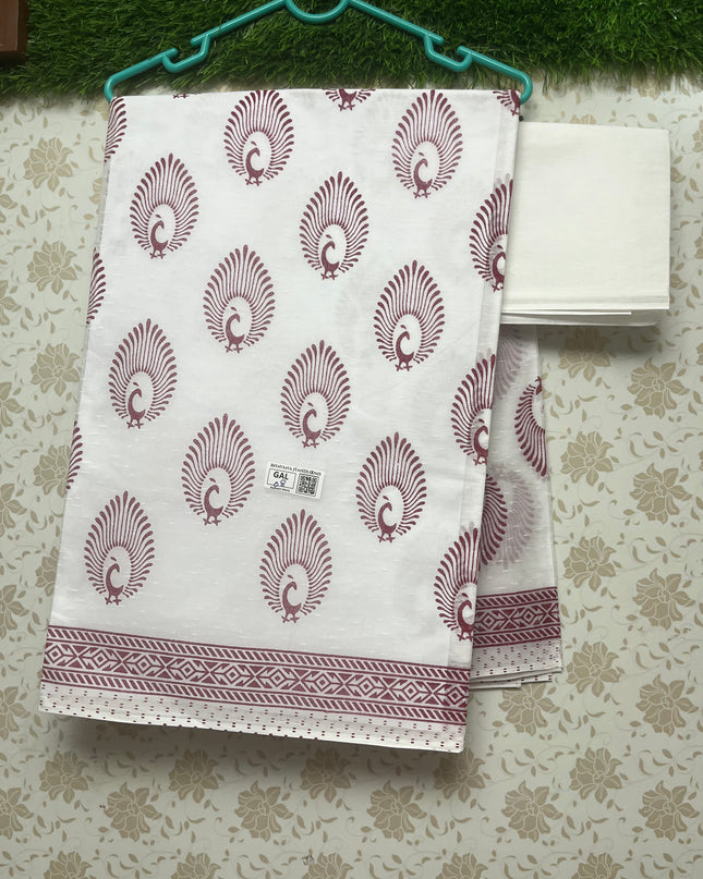 Printed Kashmiri White Cotton Saree with Dark Pink Colour