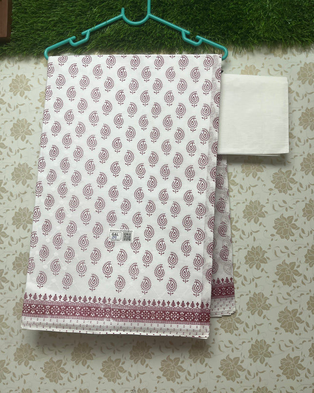 Printed Kashmiri White Cotton Saree with Dark Pink Colour